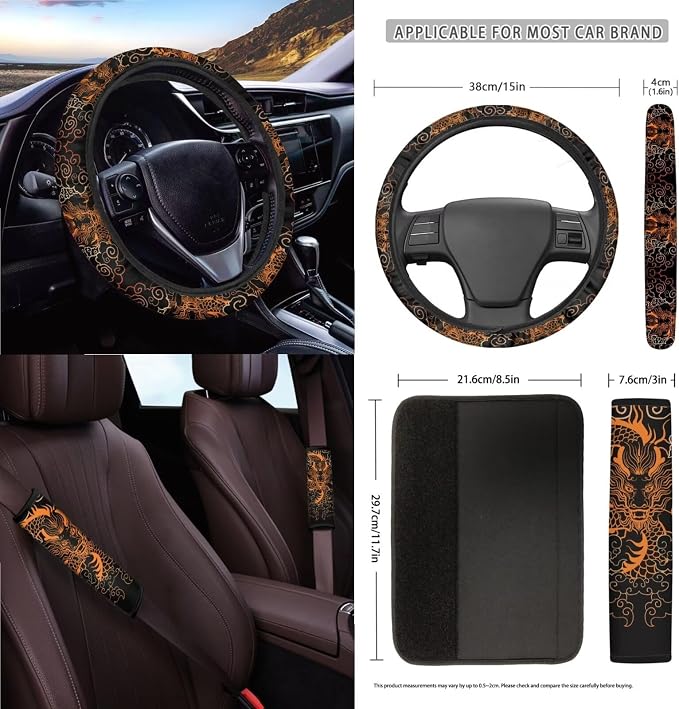 Dragon Print Auto Interior Sets Front Rear Car Seat Covers Steering Wheel Cover Seat Belt Cover Coasters Trash Can Air Outlet Pocket Universal