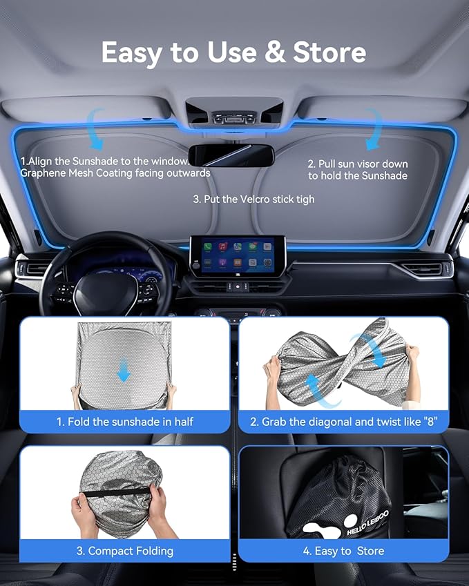 helloleiboo Windshield Sun Shade for Honda Civic 2022-2026 Graphene Honeycomb Heat Shield with UV Protection Foldable Custom Fit Front Window Sunshade Silver 56" x 28"