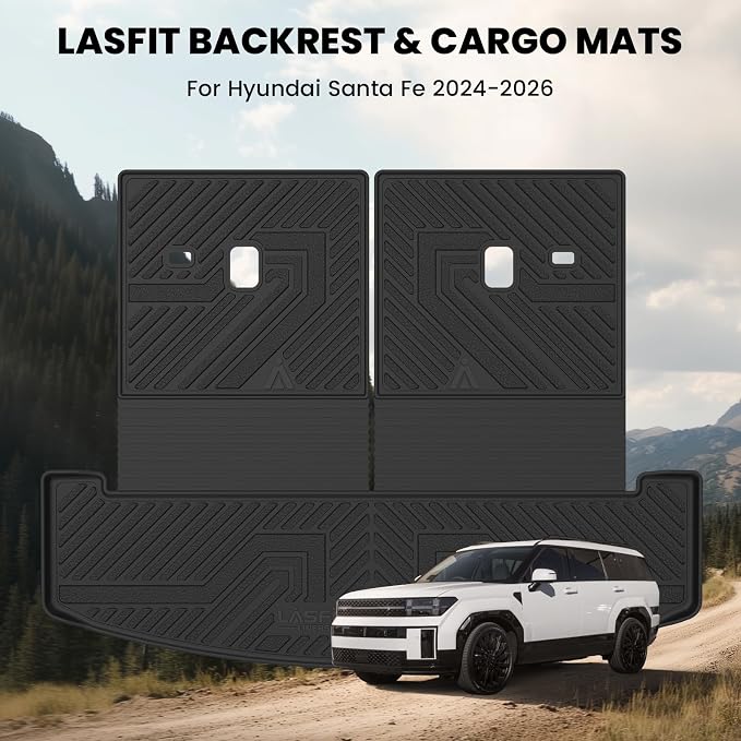 Lasfit Cargo Mat & Backrest Mats for Hyundai Santa Fe 2026 2025 2024 (Fit Gas & Hybrid), All Weather TPE Custom Fit Car Mats Trunk Mats Cargo Liners Accessories, Black