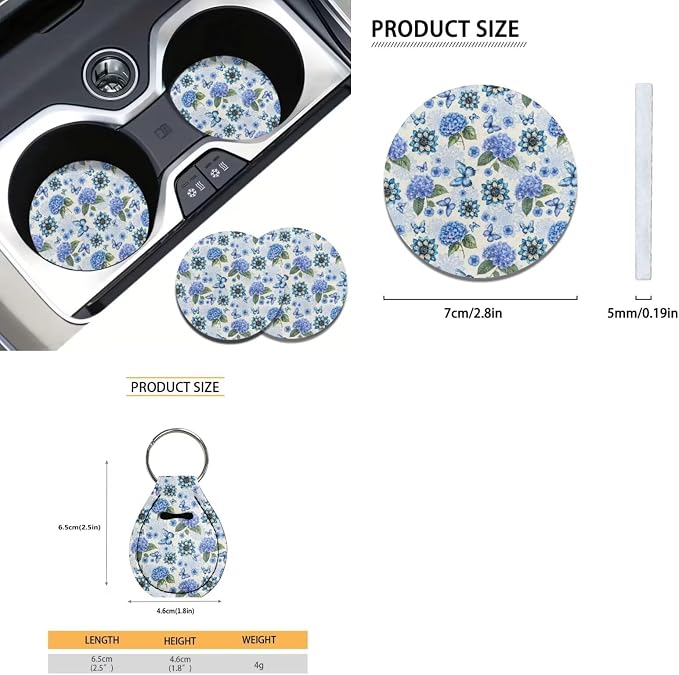 Xoenoiee Butterfly Mandala Hydrangea Floral Print 11 Pack Universal Car Seat Covers Front & Rear Car Interior Accessories with Steering Wheel Cover, Seat Belt Pads, Cup Coaster, Key Chains