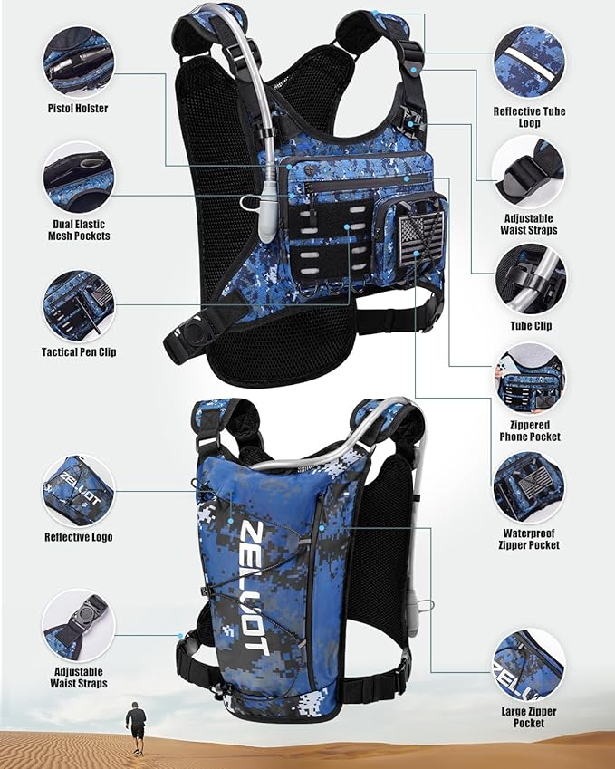 Zelvot Running Vest with 2L Water Bladder, Hydration Backpack, U.S. Design Patent, Lightweight Hydration Pack with Gear Holder, Reflective Chest Pack for Men Women