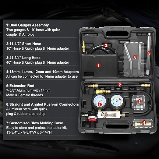 JIFETOR Cylinder Leak Down Tester Kit, Automotive Engine Compression Dual Gauge Leakdown Test Set with 10 12 14 18mm Spark Plugs Universal for Small Engine Motorcycle ATV, Black Case