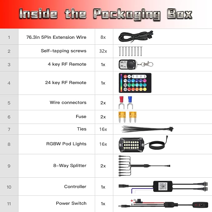 16 Pods 230° Full Angle RGBW LED Rock Lights, 6500K Pure White RGB Rock Light 12V Waterproof Neon Underglow Kit for Truck Jeeps Pickup Offroad Boat RV UTV Trailer Underbody, APP/RF Remote Sync Music
