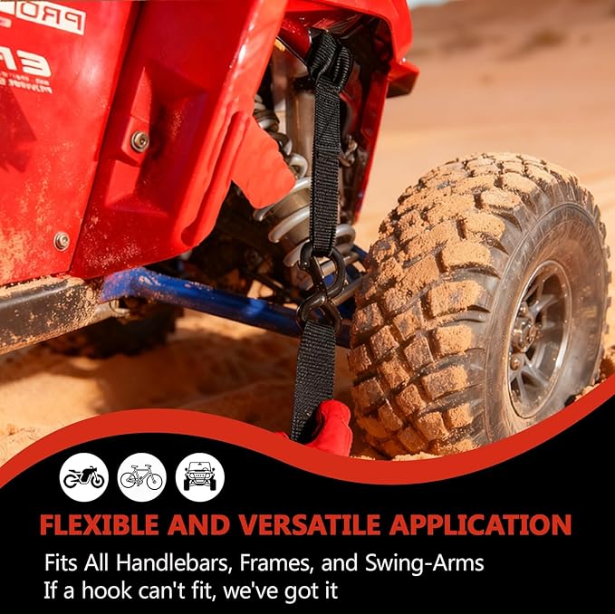 Retractable Ratchet Straps (4 Pack) - 1" x 10 ft Heavy Duty Tie Downs with Auto Retract and 1650 lb Break Strength for Cargo Trailer, Motorcycle, ATV - Includes Soft Loops and Bungee Cords