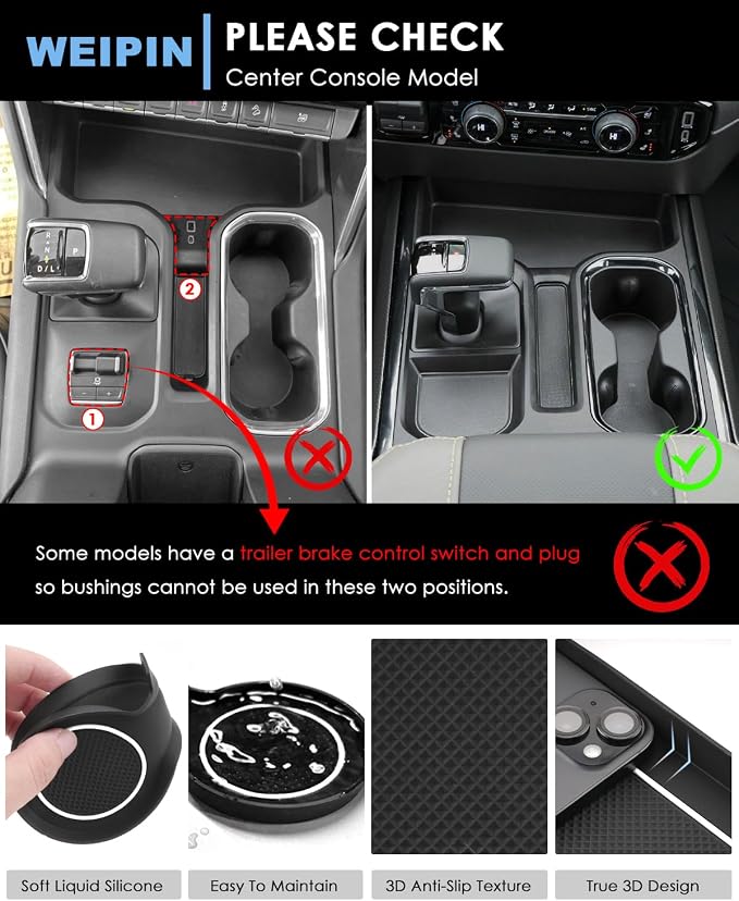 For 6PCS Refreshed Models 2022-2026 Silverado/Sierra 1500 & 2024-2026 Sierra 2500 3500 Console Liners-[3D High-Edge Liquid Silicone] Cup Holder Mats,Full Console w/Bucket Seats ONLY - White