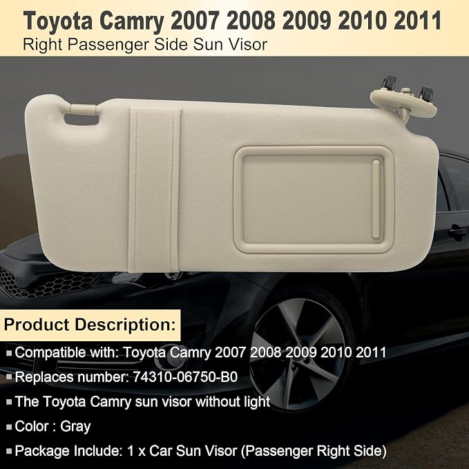 NHILES Right Passenger Side Sun Visor Compatible with Toyota Camry Without Light 2007 2008 2009 2010 2011 Replaces# 74310-06750-E0 Color Beige