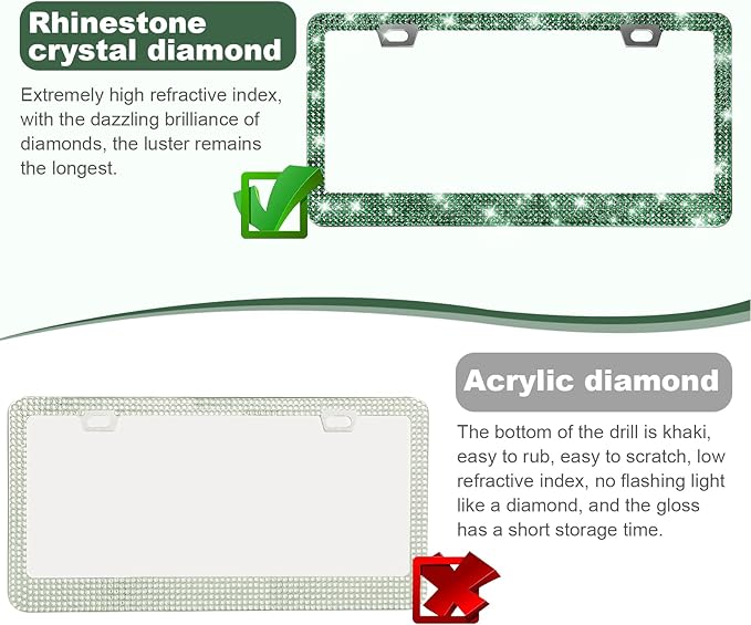 QUANQIUFEI 2 Pack Bling License Plate Frames for Women, Sparkly Rhinestone Diamond Car Accessories with Glitter Crystal Caps (Dark Green)