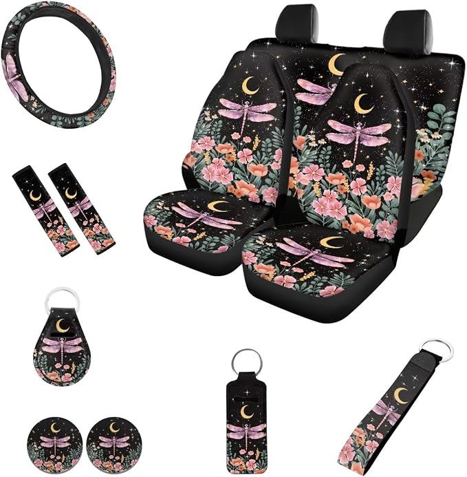 12 Pack Car Seat Covers Dragonfly with Moon and Stars Seat Cover for Cars，Universal Fit Cottagecore Style Auto Steering Wheel Cover Seatbelt Keychain Cup Coaster for Drink，Auto Interior Set