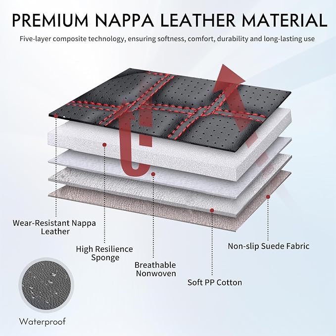 Huidasource Dodge Ram Front & Rear Seat Covers, Leather Car Seat Cover Full Coverage Waterproof Truck Seat Cushion Protector Fit for 2019-2025 RAM 1500 2500 3500 Crew/Mega Cab(Full Set/Black&Red)