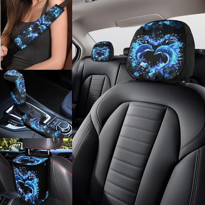 Neon Dolphins Car Seat Covers Full Sets of 17 Pack,Blue Dolphins Car Accessories Sets for Women with Animals Auto Seat Head Rest Protector Rear View Mirror Cover,Steering Wheel Car Cover