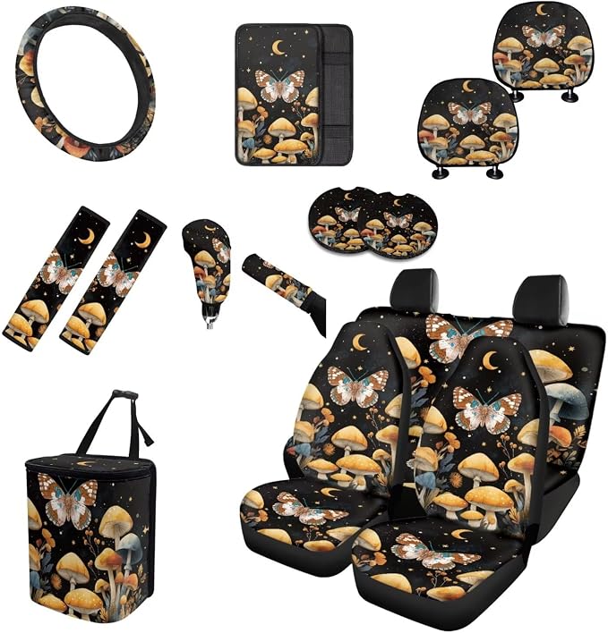Teal Moth Moon Car Seat Covers Full Set 15 Pcs Universal Car Accessories Steering Wheel Cover Seat Belt Pads Garbage Bag Car Headrest Pillow Covers Armrest Pad