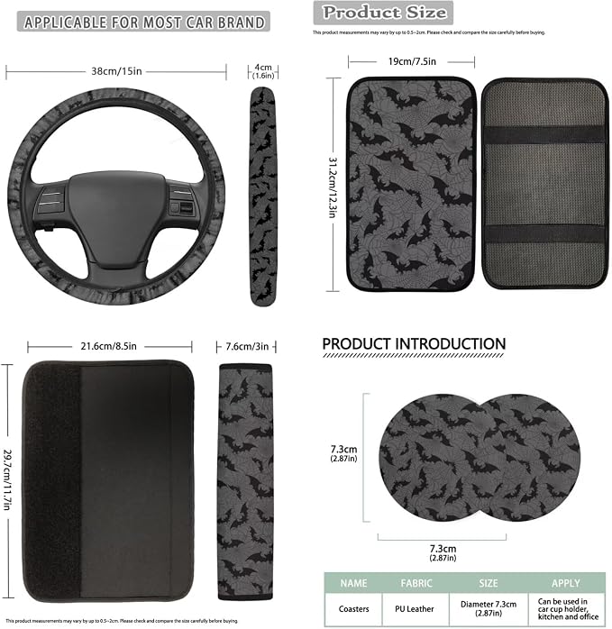 Bulopur Halloween Bat Vehicle Seat Covers Full Set with Steering Wheel Cover Comfortable Armrest Pad Easy to Install Car Seat Belt Covers 14 PCS Automotive Interior Decor Set