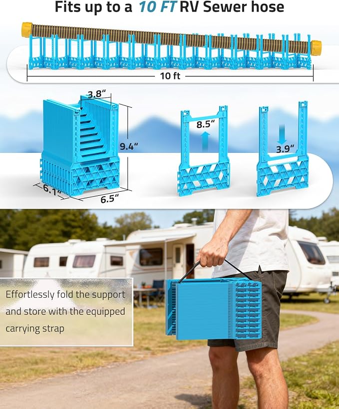 PAULINN 10FT RV Camper Sewer Hose Support, Height Adjustable Sewer Hose Support for RV Camper, Deep Cradles Design, Quick Setup and Takedown, w/Secure Rubber Band & Carrying Strap