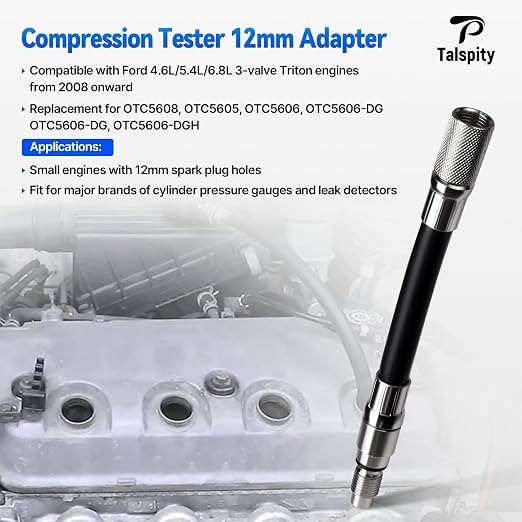 5608 12mm Compression Tester Adapter Compatible with 2008 and Newer Ford 4.6L, 5.4L, 6.8L 3-Valve Engines with 12mm Spark Plug