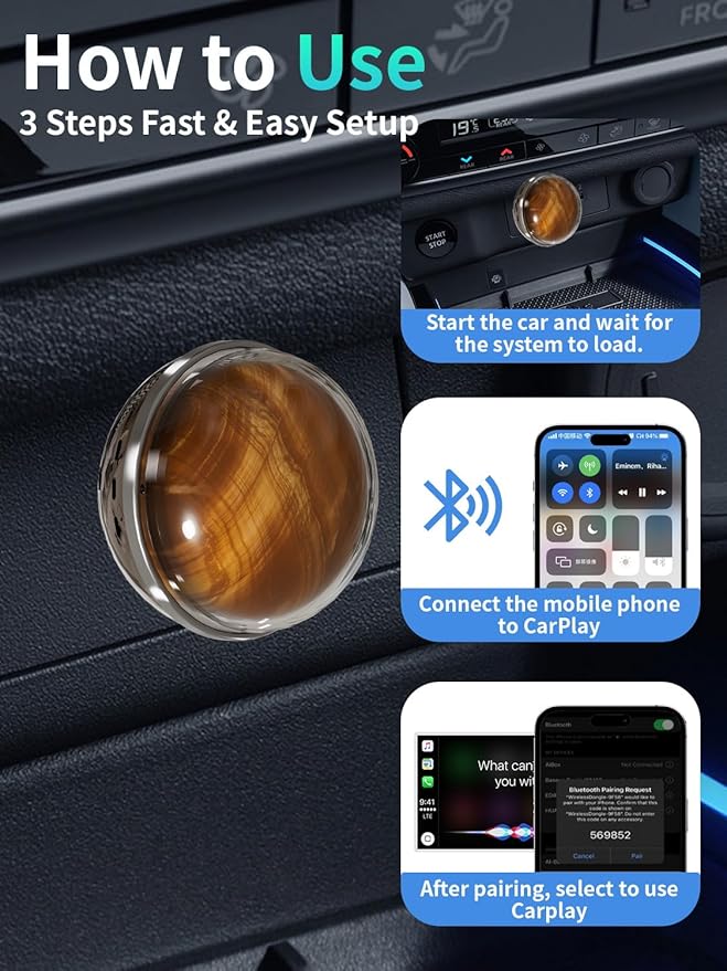 Tiger Eye Wireless CarPlay Adapter for Apple CarPlay & Andriod Auto with Car Aroma Diffuser, Connection for Convert Wired to Wireless