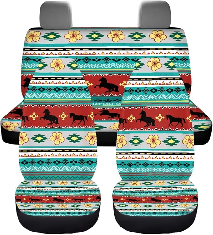 Dreaweet Aztec Tribal Horse Car Seat Covers Full Set 12 Pcs,Universal Car Seat Cover with Steering Wheel Cover,Seat Belt Pads,Armrest Cover,Cup Holder Coasters,Handbrake Cover,Gear Shift Knob Cover