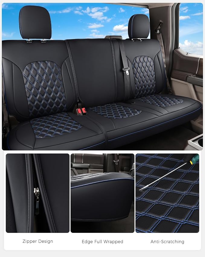 Huidasource Custom Fit Ford F150 Rear Bench Split Leather Seat Covers Fit for 2015-2026 F150 SuperCrew & 2017-2026 F250 F350 F450 Super Duty Crew Cab Pickup King Ranch Platinum(Back Row/Black&Blue)