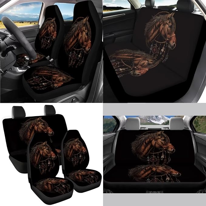 Horse Dreamcatcher Pattern Auto Accessories Set of 13, Car Front and Back Seat Covers Full Set + Steering Wheel Cover + Safe Belt Pad for Car + Coasters with Notch