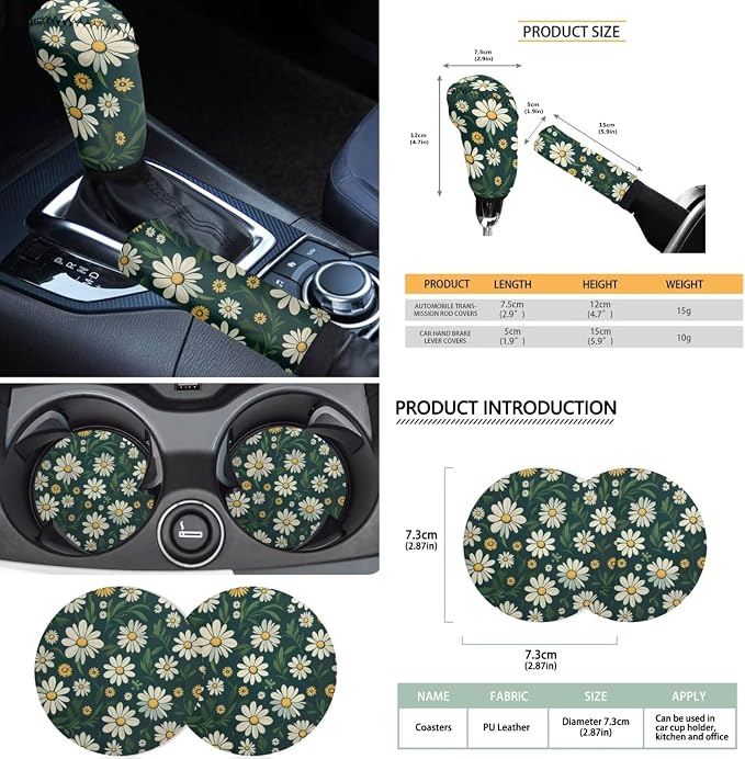 18Pcs Daisy Car Seat Covers Full Set with Steering Wheel Cover Auto Cup Holder for Car Coaster Headrest Cushion,Seatbelt Strap Pad,Center Console Cushion Handbrake Cover Keychain,Green