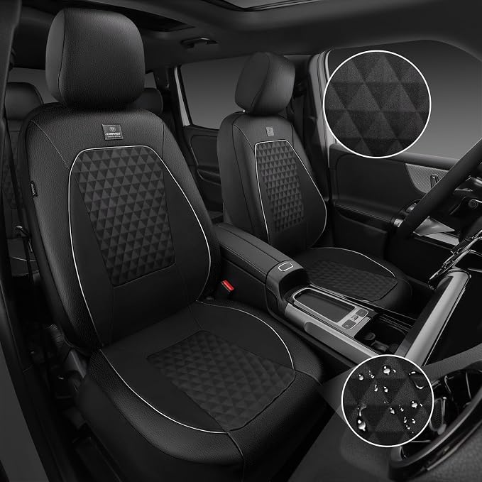 CAR PASS Leather Car Seat Covers Gel Wetsuit PU Full Set Seat Cover Waterproof EVA All Weather Neoprene Universal Fit Pickup SUV Truck Sedan Automotive, Armrest Airbag Compatible, Rhombic Silver Strip