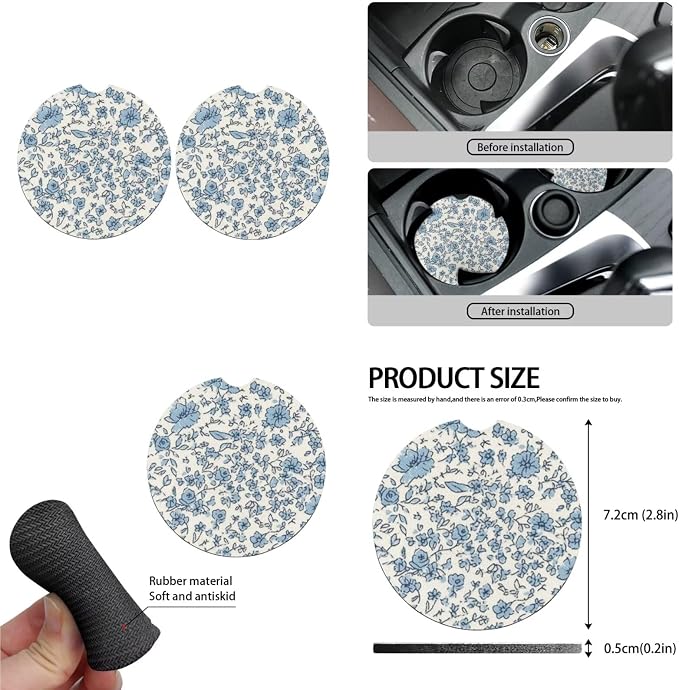 Blue Flower 13 PCS Car Seat Cover Classical Rural Blue Flower Set Seatbelt Pad Armrest Cushion Keychain Cup Holder Coaster Decor Hand Drawn Floral Accessory Fit Trucks SUV