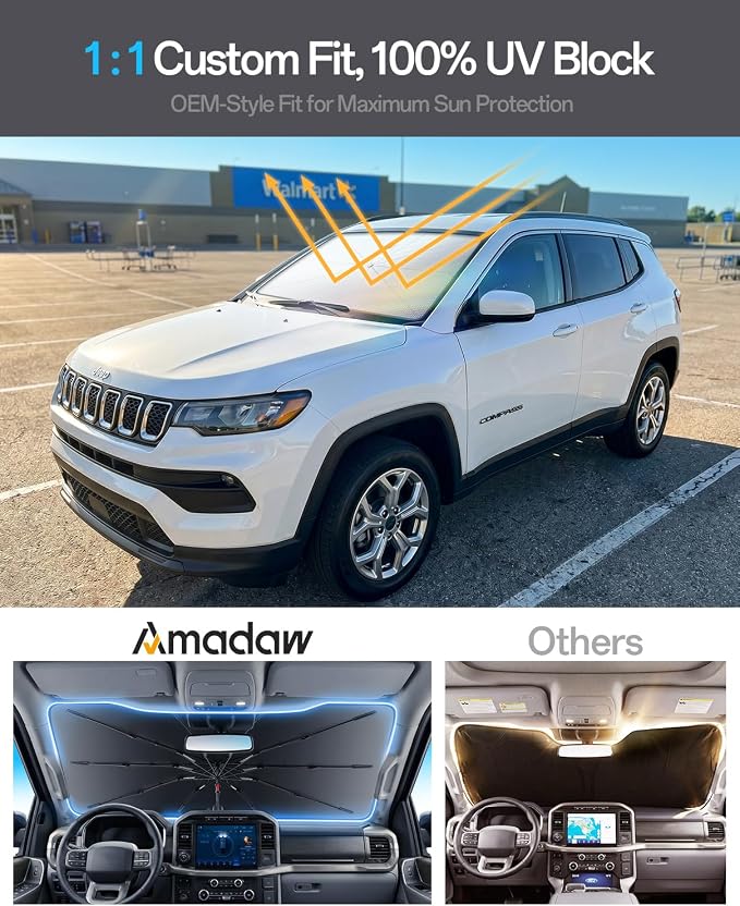 Windshield Sun Shade for Jeep Compass 2007–2026, Foldable Umbrella Sunshade with 100% UV Block, Multi-Layer Heat Insulation, Reinforced 10-Rib Frame, Keeps Car Cooler, Summer Car Accessory