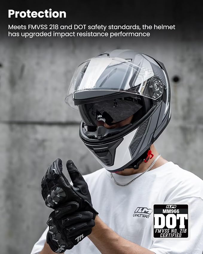 ILM Modular Motorcycle Helmet for Adults Full Face Flip up Riding with Dual Visor Street Bike Racing DOT Model MM966 (Black White, XL)