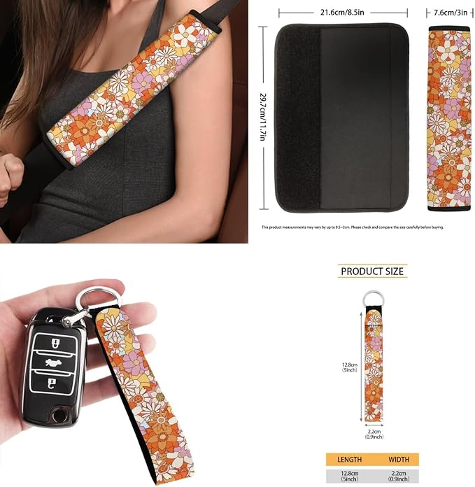 Hippie Flower Car Seat Covers Front Back Seat Cover Full Set with Car Steering Wheel Cover Safe Belt Pads Coasters Garbage Can Rear View Mirror Cover Keychain, 15 PCS