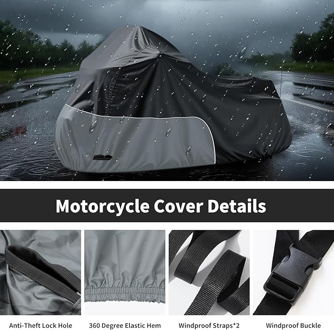 Motorcycle Cover fits for Harley Davidson Road King Road Glide Electra Glide Low Rider-ST HD Goldwing, All Weather Waterproof Cruiser Motorcycle Cover, Black&Grey