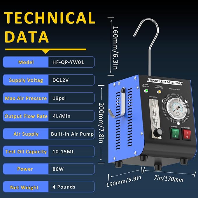Automotive Smoke Machine, Professional Leak Detector Built-in Air Pump Flow Meter 19PSI Leak Diagnostic Tester Tool Unit Kit 12V EVAP Dual Mode for All Vehicles Pipe Systems, ATV, Boat, Motorcycle