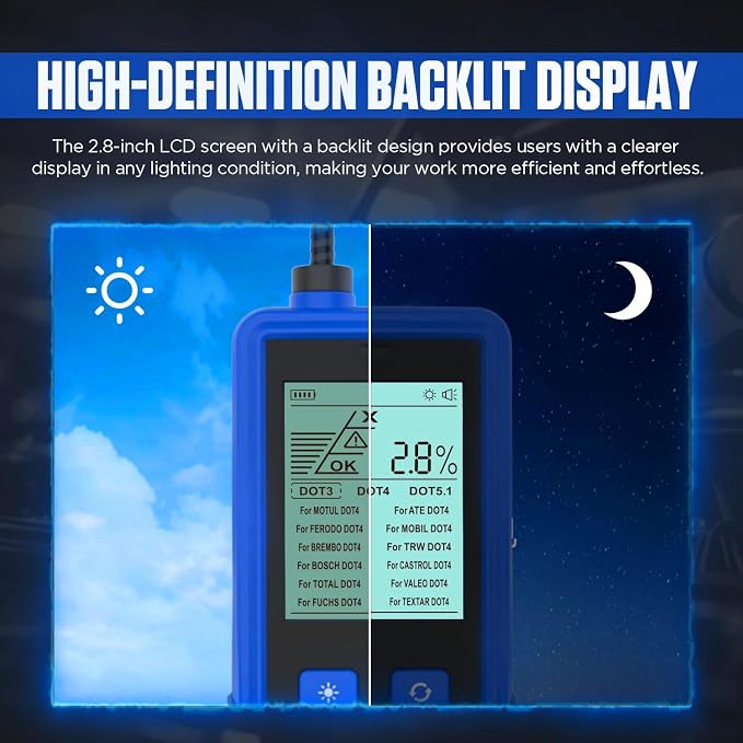 Brake Fluid Tester Automotive Digital Brake Fluid Detector Moisture Detector for DOT3 DOT4 DOT5.1, Car Brake Fluid Boiling Point Meter with 2.8" Display Audible Alarm High Precision Probe (T10)
