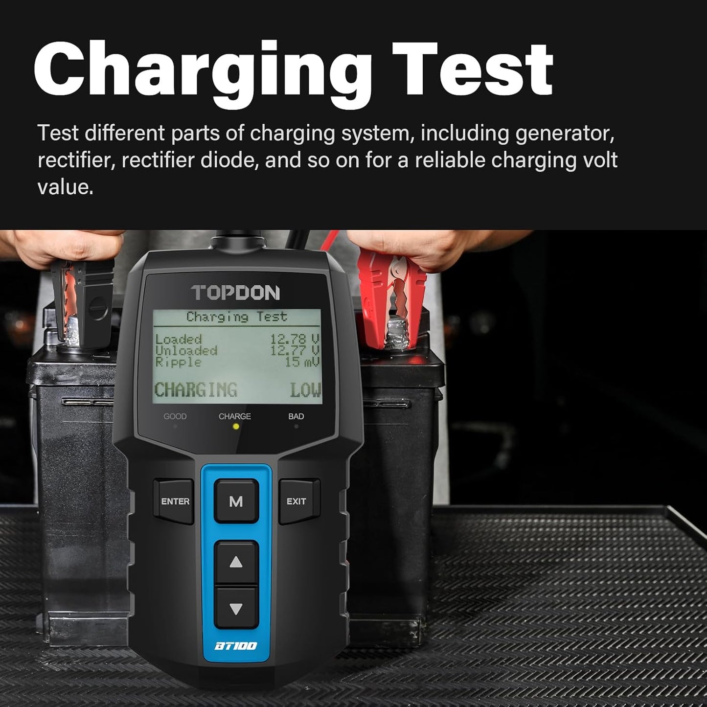 TOPDON BT100 Car Battery Tester 12V Load Tester, 100-2000 CCA Automotive Alternator Tester Digital Auto Battery Analyzer Charging Cranking System Tester for Car Truck Motorcycle ATV SUV Boat Yacht