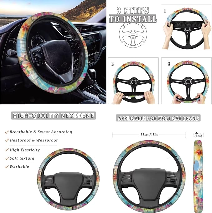 AFPANQZ Sea Turtle Tropical Flower Car Seat Covers with Steering Wheel Cover, Seat Belt Shoulder Pads, Cup Holder Coasters, Gear Shift Knob and Handbrake Protector Cushion Full Set of 11 for Women