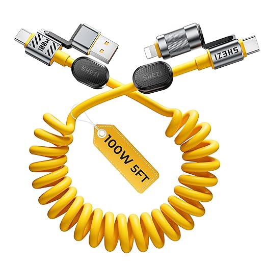 Coiled Cable & Clip 4-in-1 USB C Cable 100W Compatible with Lightning Cable Fast Charging & Data Transfer, Support to CarPlay & Android Auto, 5FT Multi Cord Combo Charger for iPhone/iPad