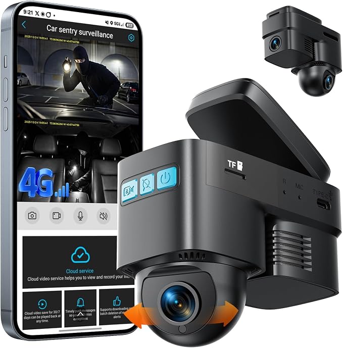 Volam 4G LTE Cellular Dash Cam with Live Streaming & GPS Tracking - Dual Car Security Camera with Remote Live View,Cloud Storage,AI Motion Detection,Sentry Mode, Anti-Theft Protection for Vandalism