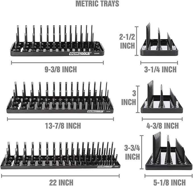 OEMTOOLS 22337 3-Post SAE And Metric Socket Tray Set, 6 Piece, Deep, Shallow, And Impact 3 Row Socket Organizer for Tool Box Drawer, 1/4, 3/8 and 1/2 Inch Drive, SAE And Metric, Black, Green