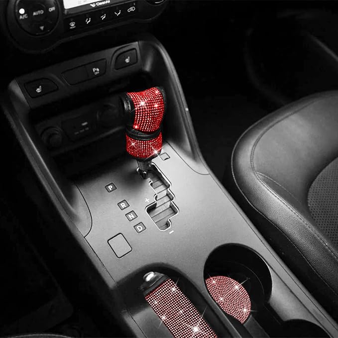 17 Pack Bling Car Seat Covers Set Car Diamond Accessories Rhinestone Crystal Steering Wheel Cover, Bling Velvet Breathable Glitter Center Console Pad Universal Car Interio(Full Set/Red)