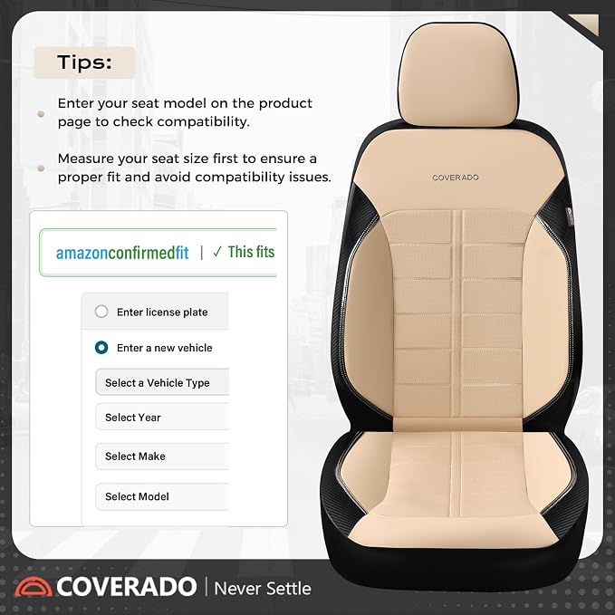 Coverado Front Seat Leather Covers, Full Leather Construction with Carbon Fibre Weave, Universal Fit for Most Cars SUV Trucks (Beige)