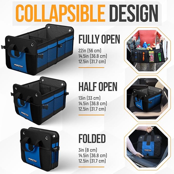 FORTEM Trunk Organizer For SUV Car Organizer and Storage, Collapsible Multi-Compartment Storage Bag Car Accessories for Women Men, 1680D Oxford, Non Slip Bottom, Adjustable Straps, Soft Cover (65L)
