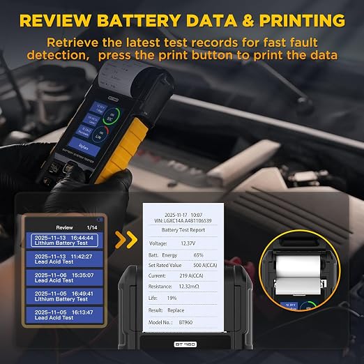 BT960 Car Battery Tester for Lead-Acid & Lithium Batteries with Printer,30-2000 CCA Automotive Battery Load Tester Health Cranking Charging System Leakage Test for Motorcycle, Car, Truck, RV, Boat