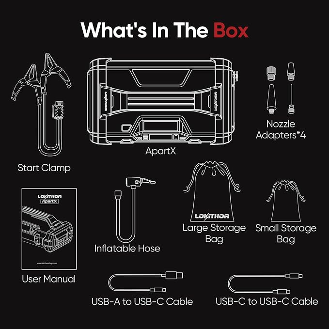 LOKITHOR ApartX Multi-Functional Vehicle Emergency Device, Car Jump Starter for 7.0 to 10.0 L Gasoline and 4.0 to 8.0 L Diesel Engines, Battery Booster with 150 PSI Tire Inflator(Battery not included)