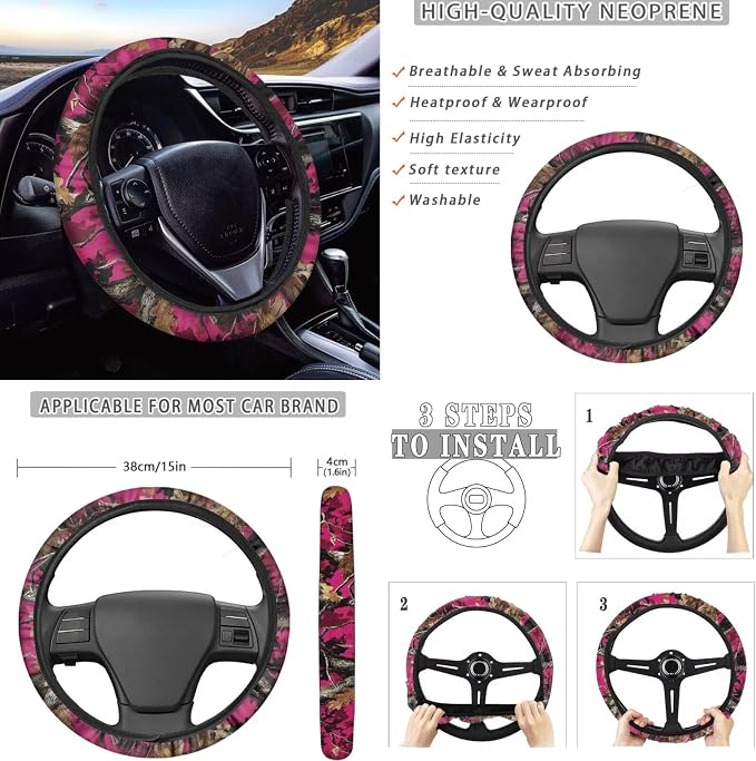 KEIAHUAN Pink Camo Hunting 11 Piece Car Seat Covers Full Set for Women Include Steering Wheel Cover Car Coasters Handbrake and Gear Shift Knob Cover/Headrest Cover for Sedan Truck Van