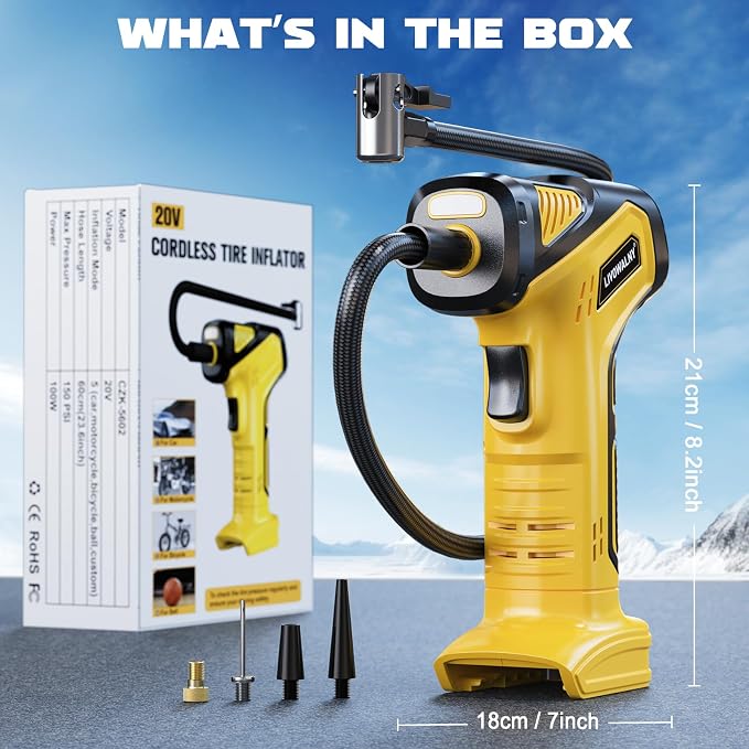 Tire Inflator Portable Air Compressor Compatible With Dewalt 20V Battery, LIVOWALNY 150PSI Air Pump Cordless Tire Pump Digital Pressure Gauge, Tire Inflator for Car, Bike, Motorcycle (Tool Only)