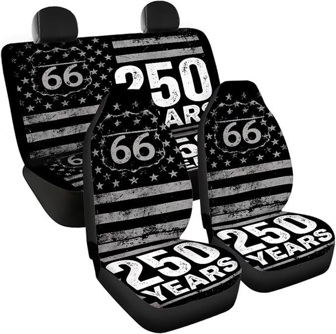Route 66 250 Years American Flag Car Seat Cover Set 11 Piece with Seatbelt Pad Cover and Steering Wheel Covers, Black Patriotic Auto Decor for 250th Anniversary Celebration