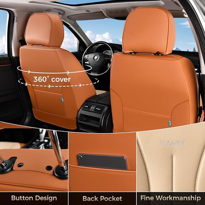 FLORICH Front Car Seat Covers, Leather Seat Covers for Cars, Waterproof Car Seat Protectors 2 Pack, Front Seat Covers for Cars, Automotive Seat Covers Protector Fit for Most Sedans SUV Pick-up Truck