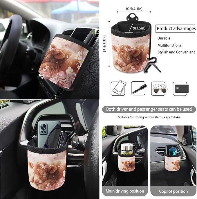 Highland Cattle Cherry Blossom Pattern Car Accessories Set of 15, Full Set Seat Covers Steering Wheel Cover Seat Belt Cushion Car Trash Can Air Vent Storage Bag Cup Coasters