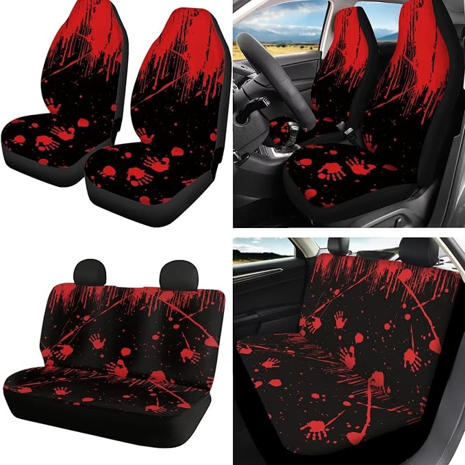 Bloody Hand Print Full Seat Covers for Cars, Universal Decorative Headrest Covers Steering Wheel Cover Safety Belt Pad Armrest Cushion Gear Lever Cover Handbrake Protector, etc