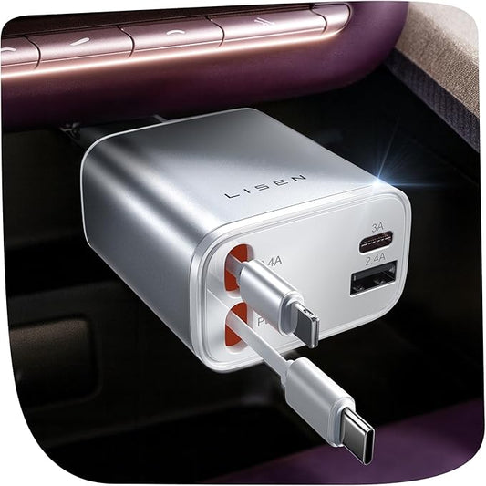 LISEN White Retractable Car Charger, for Gifts for Him Her, for iPhone 17, Cute 4 in 1 Retractable USB C Car Charger for Women, 75W Fast Charging Car Accessories for iPhone & Samsung S26 & Android
