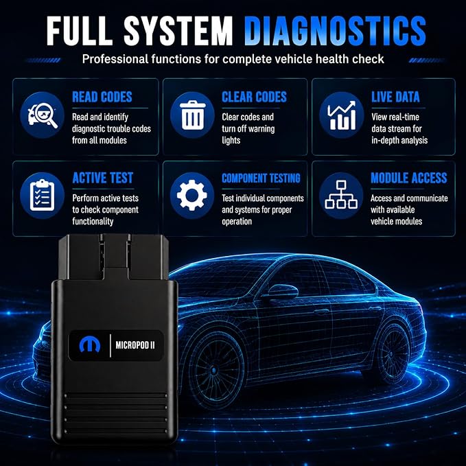 MicroPod 2 Diagnostic & Programming Tool for Jeep Dodge Chrysler Fiat, Full System Scanner with DRBIII Support, Compatible with 1998-2016 Vehicles, V17.04.27