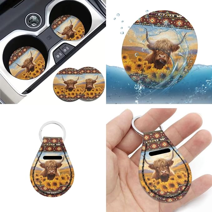 Highland Cow Sunflowers Car Seat Covers 12Pcs Highland Cow Auto Seat Protection Accessories Full Set with 15Inch Steering Wheel Covers Seatbelt Pad Keychain Coaster Armrest Pads